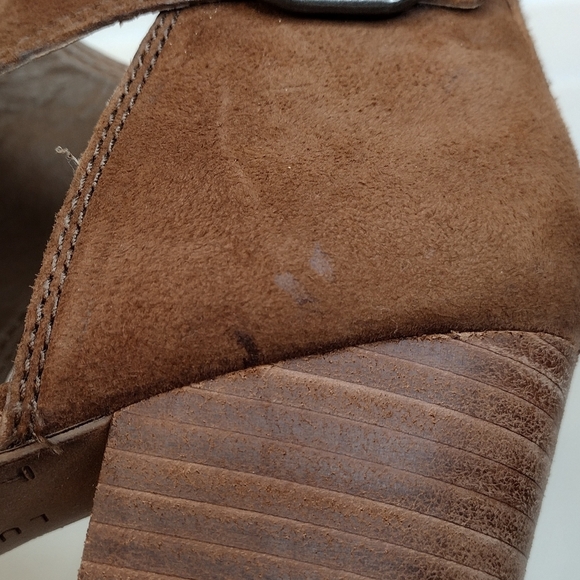 Lucky Brand Oona Brown Suede Leather Open Toe Stacked Heel Ankle Booties Sz 8M - Picture 15 of 16